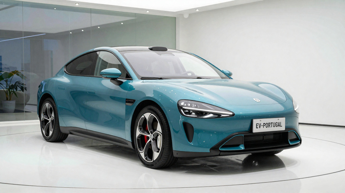 Carro elétrico azul, moderno, exposto em ambiente interior minimalista com placa "EV-PORTUGAL".