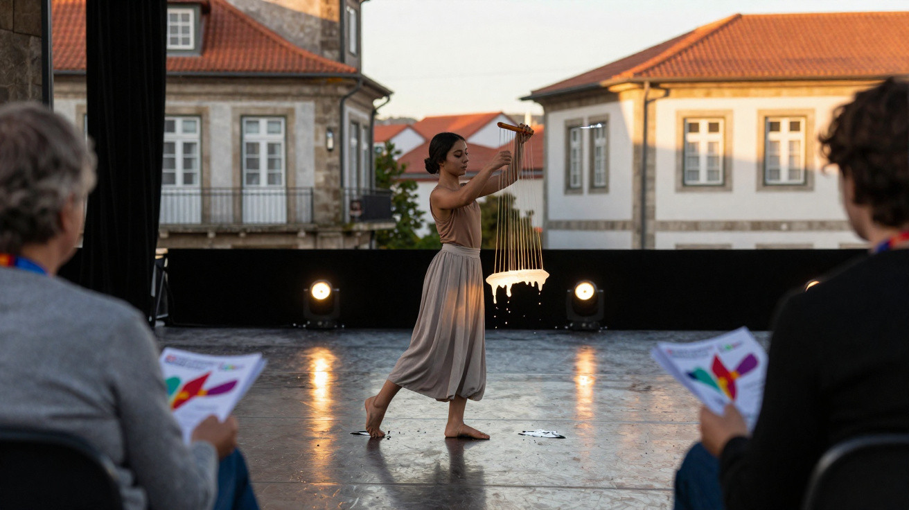 Jovem bailarina descalça executa dança contemporânea ao ar livre, numa praça com edifícios tradicionais ao fundo.