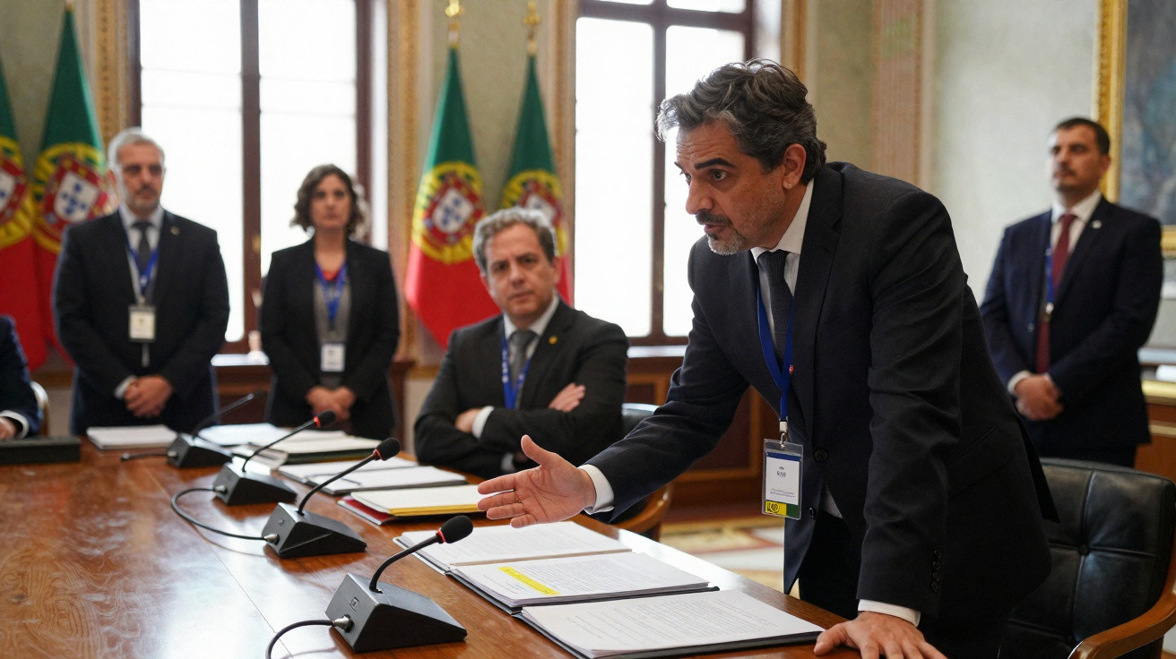 Homem de fato preto fala em reunião formal com outra pessoas e bandeiras de Portugal ao fundo.