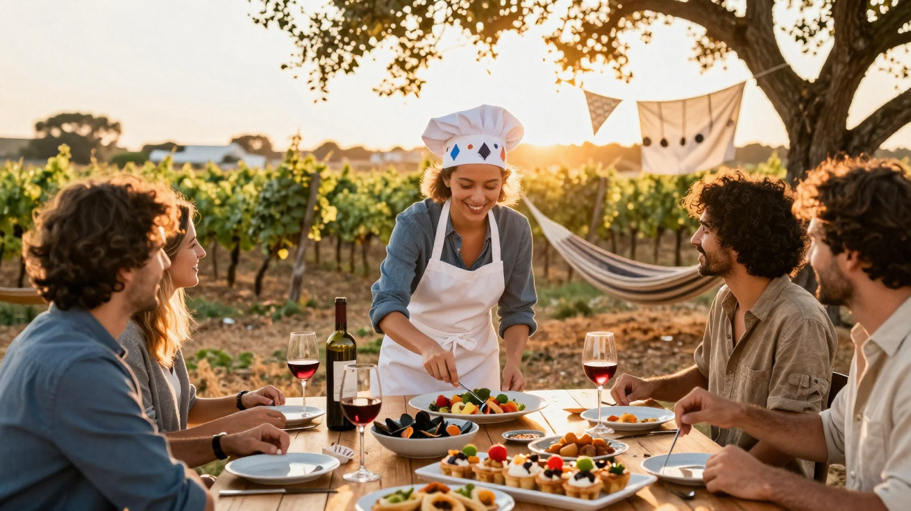Grupo de amigos a jantar ao ar livre num vinhedo ao pôr do sol, com mulher a servir comida.