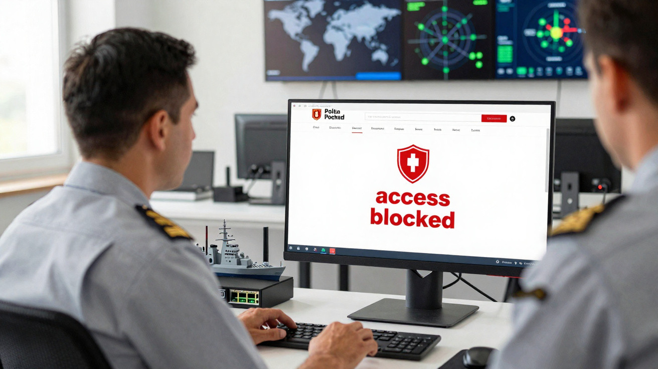 Dois militares sentados junto a um computador com mensagem de acesso bloqueado no ecrã.