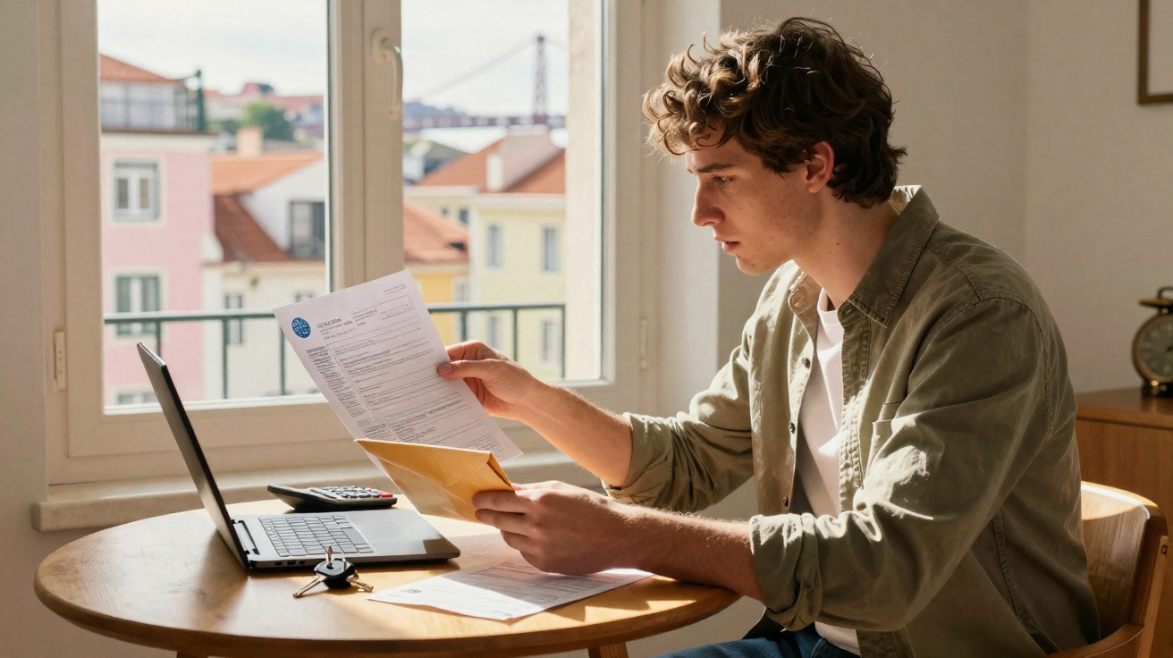 Jovem sentado à mesa em casa, a analisar documentos e envelopes com portátil aberto e vista urbana atrás.