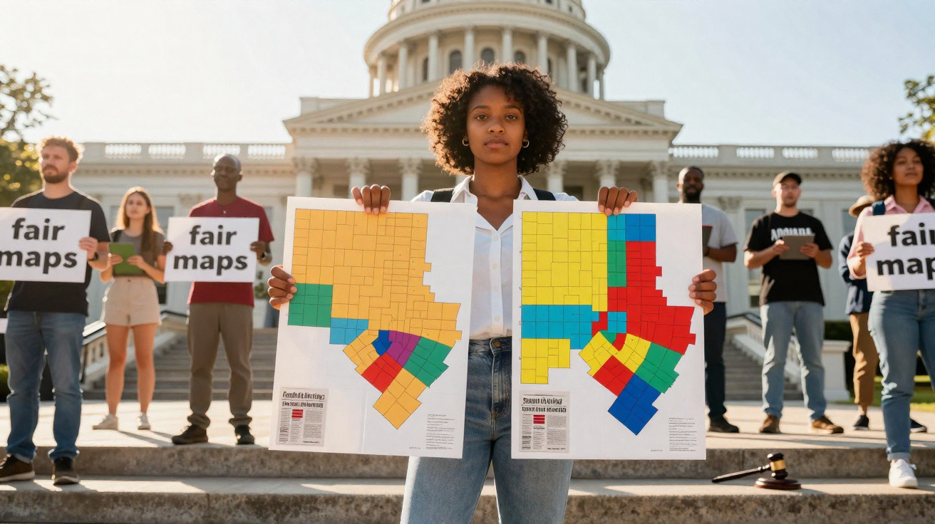 Jovem segura mapas coloridos de divisão distrital em frente a grupo com cartazes "fair maps" junto a edifício governamental.
