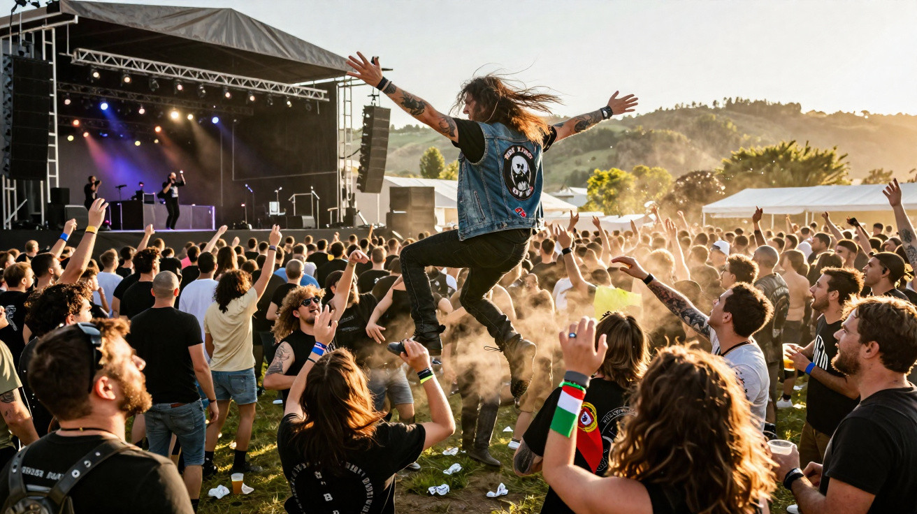 Multidão animada numa festa ao ar livre, com um homem a saltar em frente ao palco ao pôr do sol.