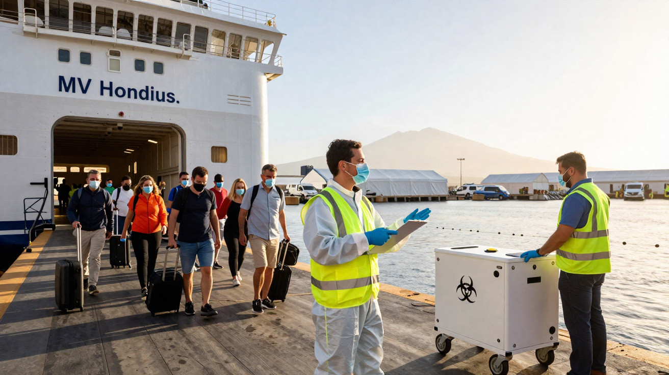 Pessoas de máscara desembarcando de ferry perto de funcionários com coletes e caixa de transporte com símbolo biológico.