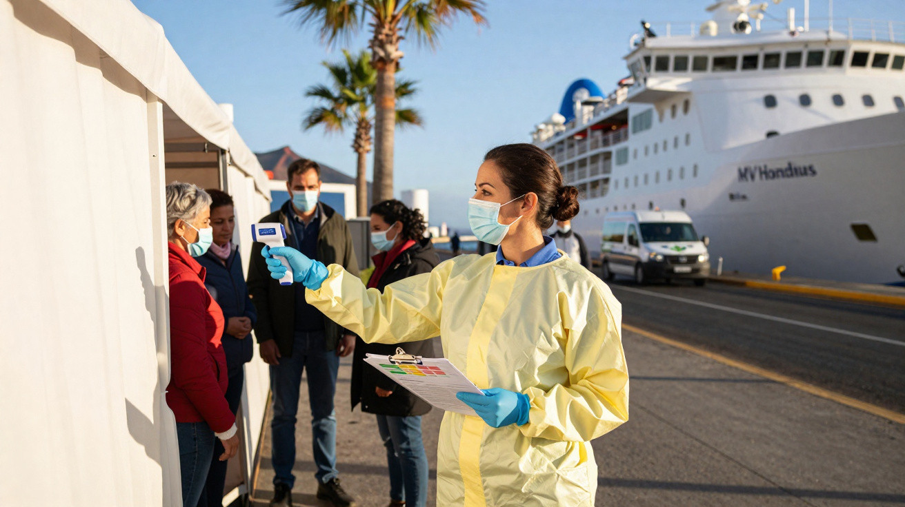 Profissional de saúde com EPI mede temperatura de passageiros com máscara junto a um navio atracado no porto.