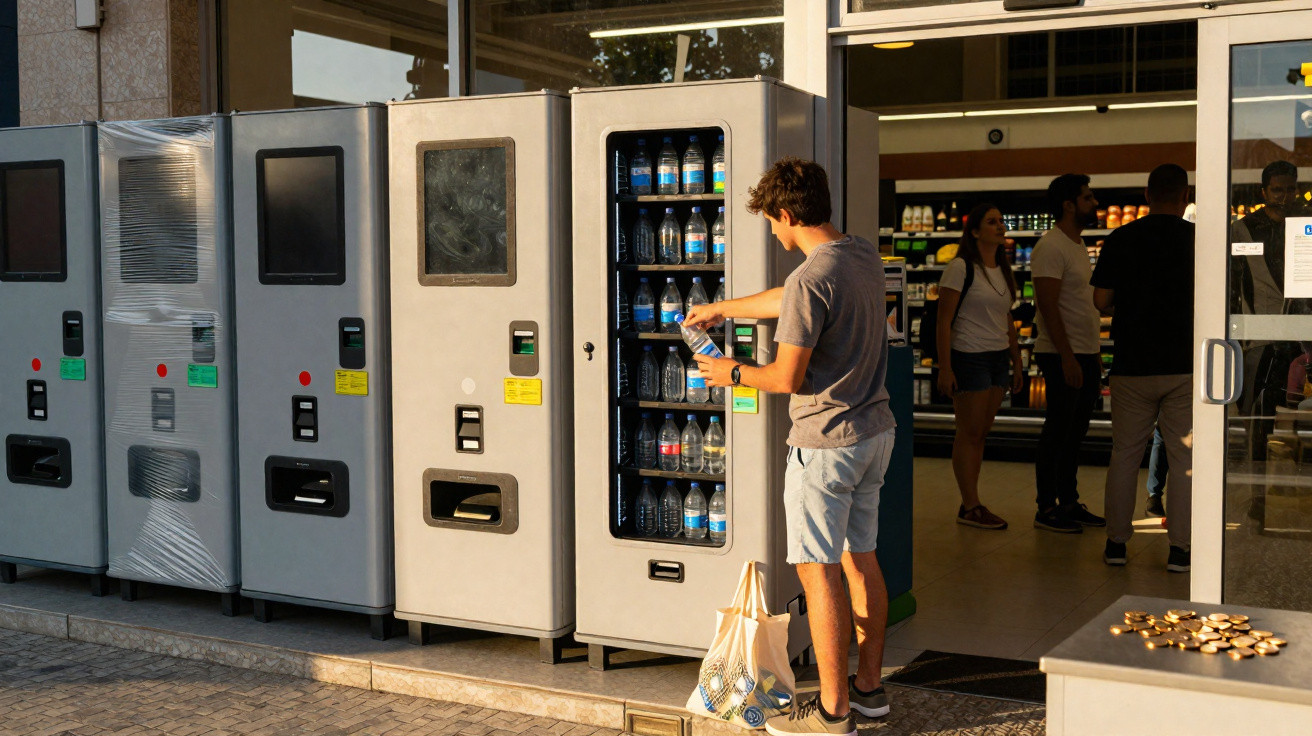 Homem a usar máquina automática para comprar garrafa de água junto à entrada de loja.