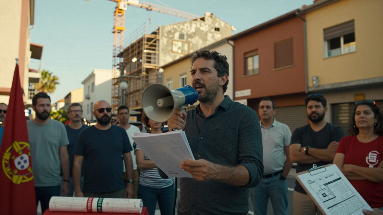 Homem com megafone faz discurso em protesto junto a grupo de pessoas em rua urbana com bandeira de Portugal.