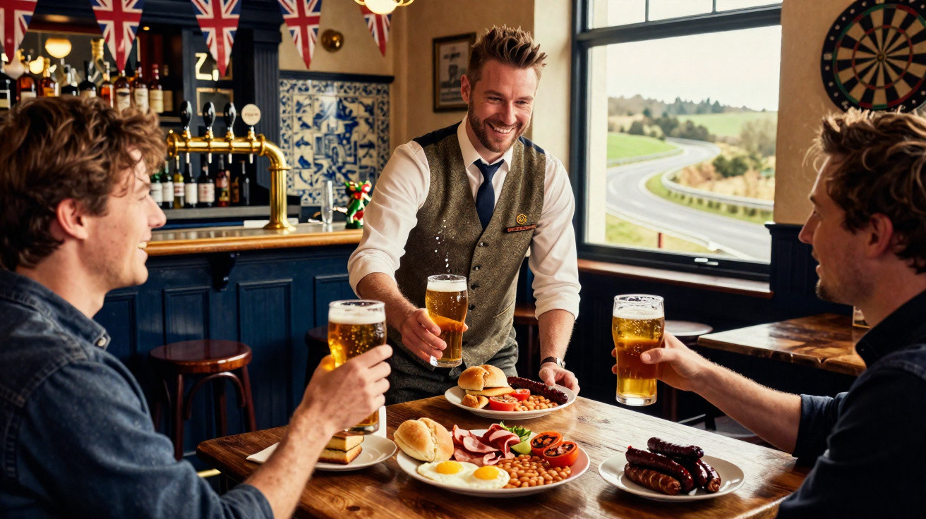 Três homens num pub britânico brindam com cerveja, acompanhada por pratos de pequeno-almoço e salsichas.
