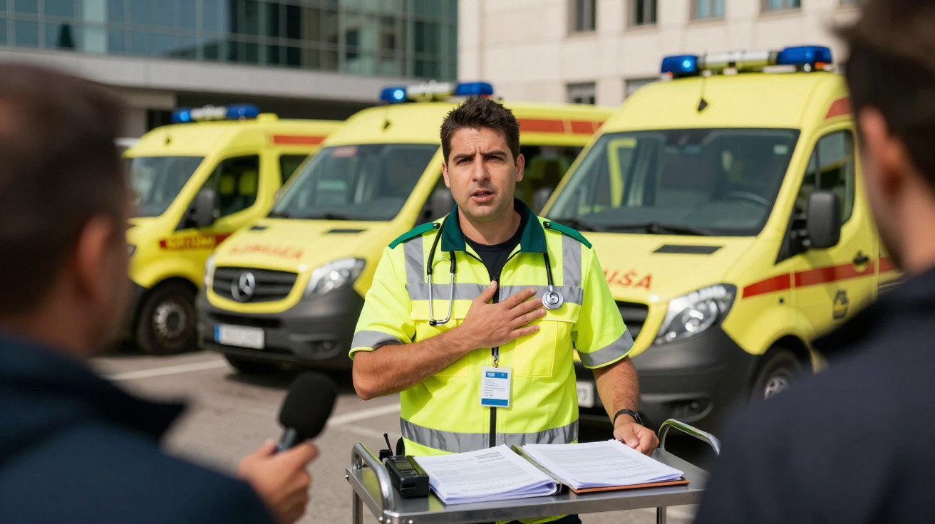 Paramédico a falar com repórteres em frente a ambulâncias amarelas estacionadas junto a um hospital.