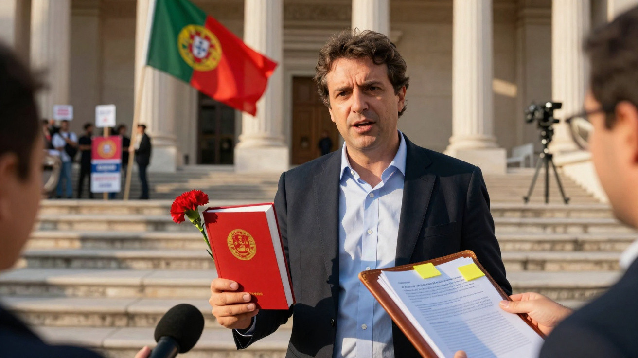 Homem em fato junto a escadaria com bandeira de Portugal, segurando livro vermelho e cravo vermelho.