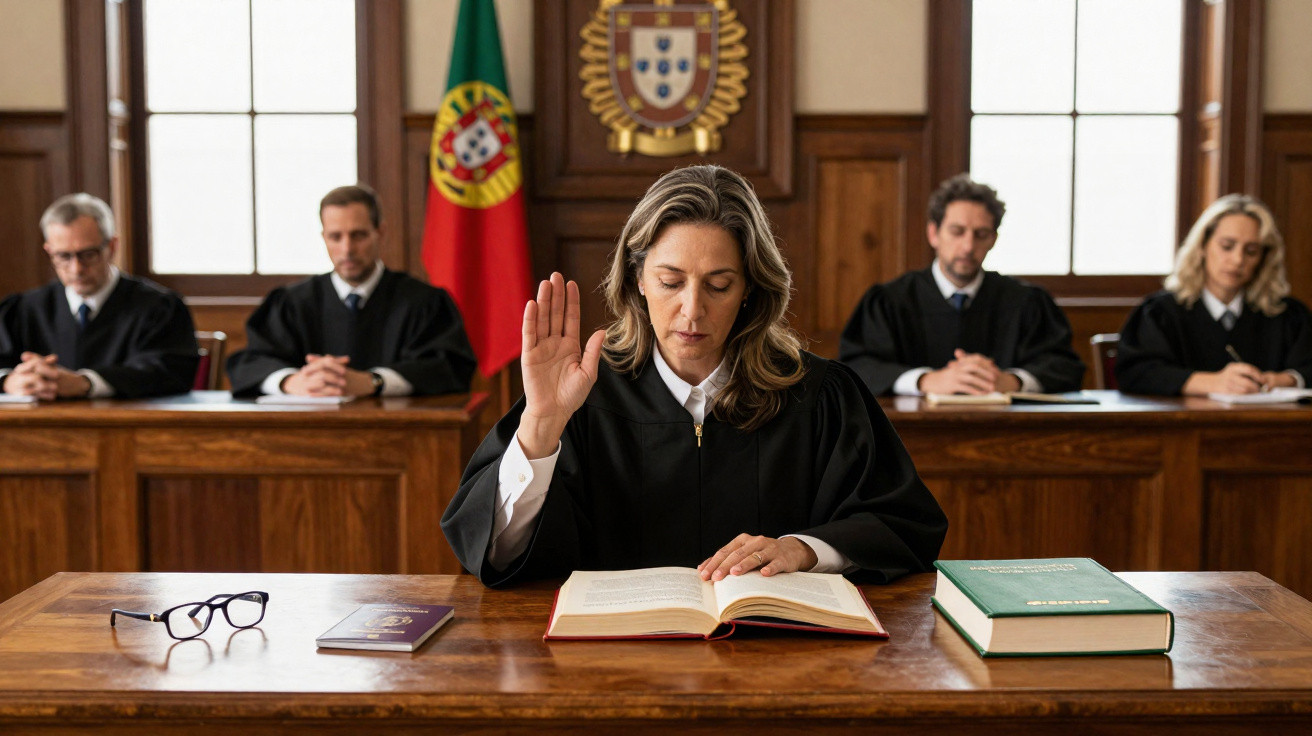 Juíza a levantar a mão direita e ler juramento, com outros juízes e símbolos nacionais de Portugal ao fundo.