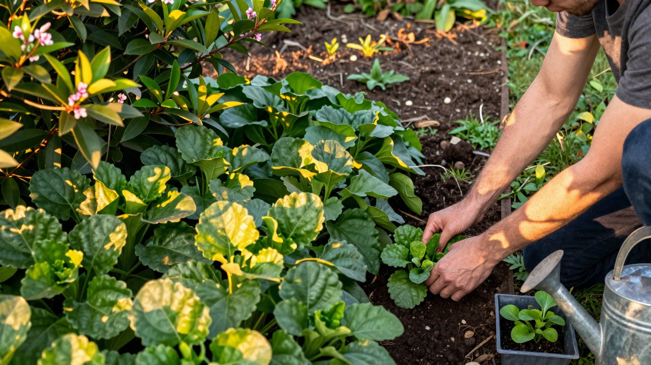 Pessoa a plantar vegetais jovens numa horta com regador metálico ao lado, em ambiente de jardim.