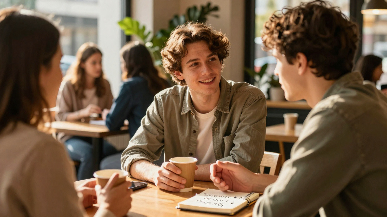 Jovens sentados a conversar numa mesa de café com bebidas e caderno num ambiente iluminado e descontraído.