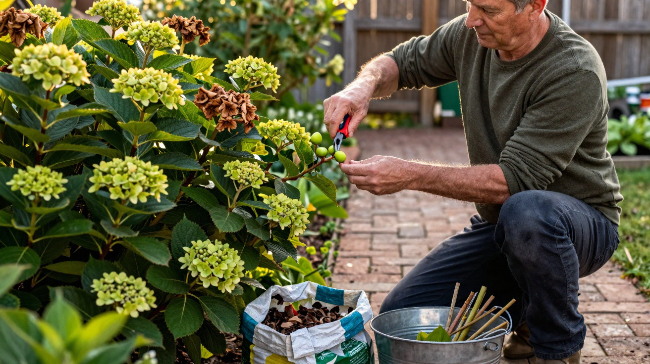 Homem a podar plantas verdes e floridas numa horta, com ferramentas e saco de ração ao lado.