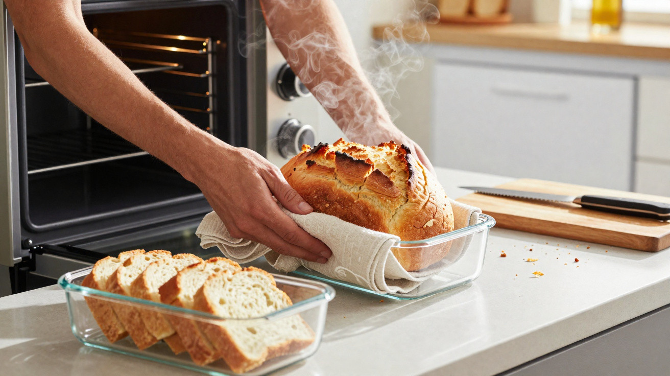 Pessoa a retirar pão quente, acabado de sair do forno, numa cozinha moderna e luminosa.