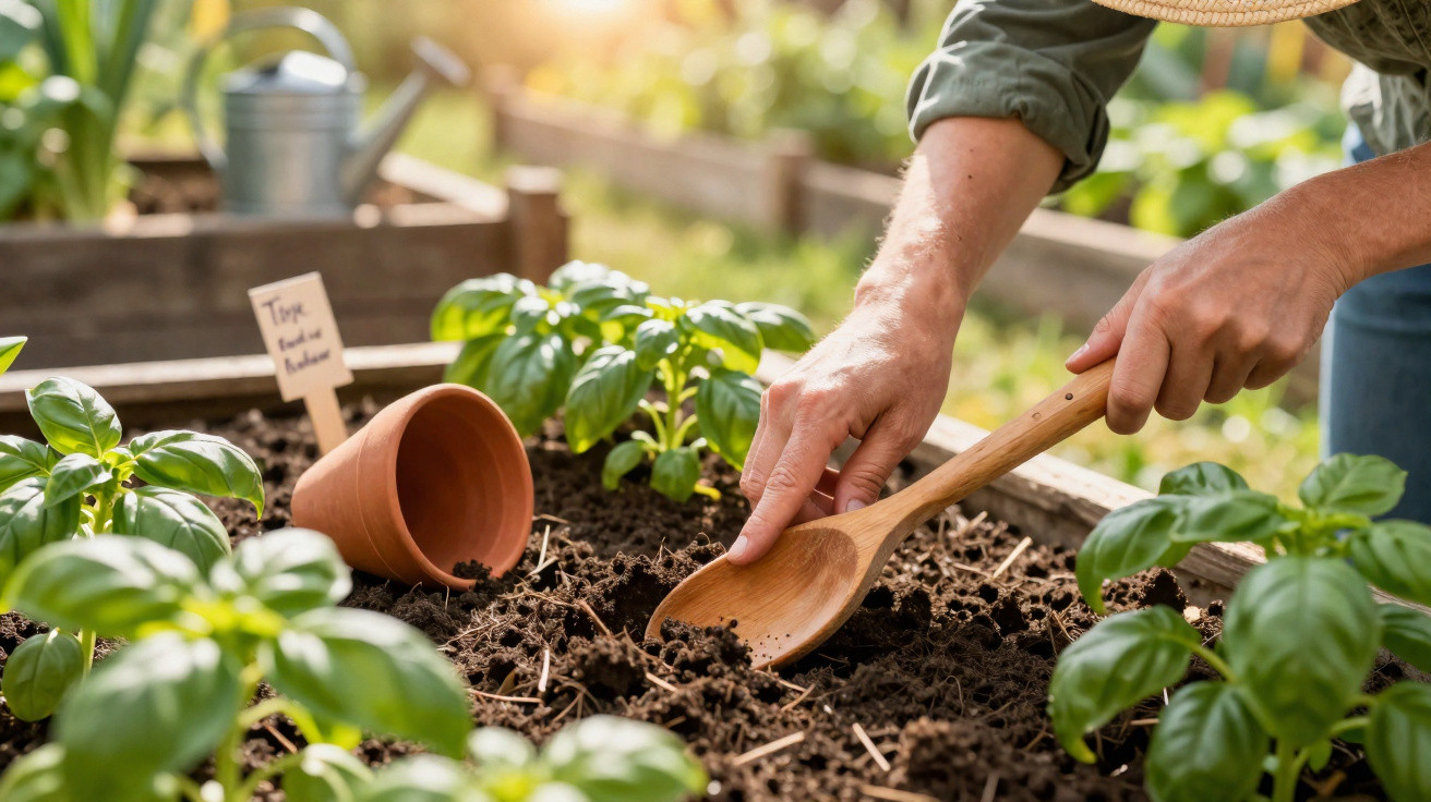 Mãos a preparar a terra com uma colher de madeira numa horta com manjericão e vaso de barro.