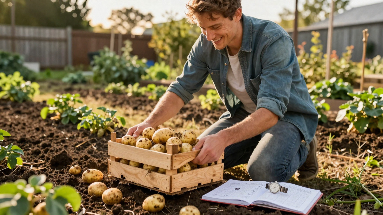 Homem recolhendo batatas num cesto de madeira numa horta ao ar livre, com caderno aberto no chão.