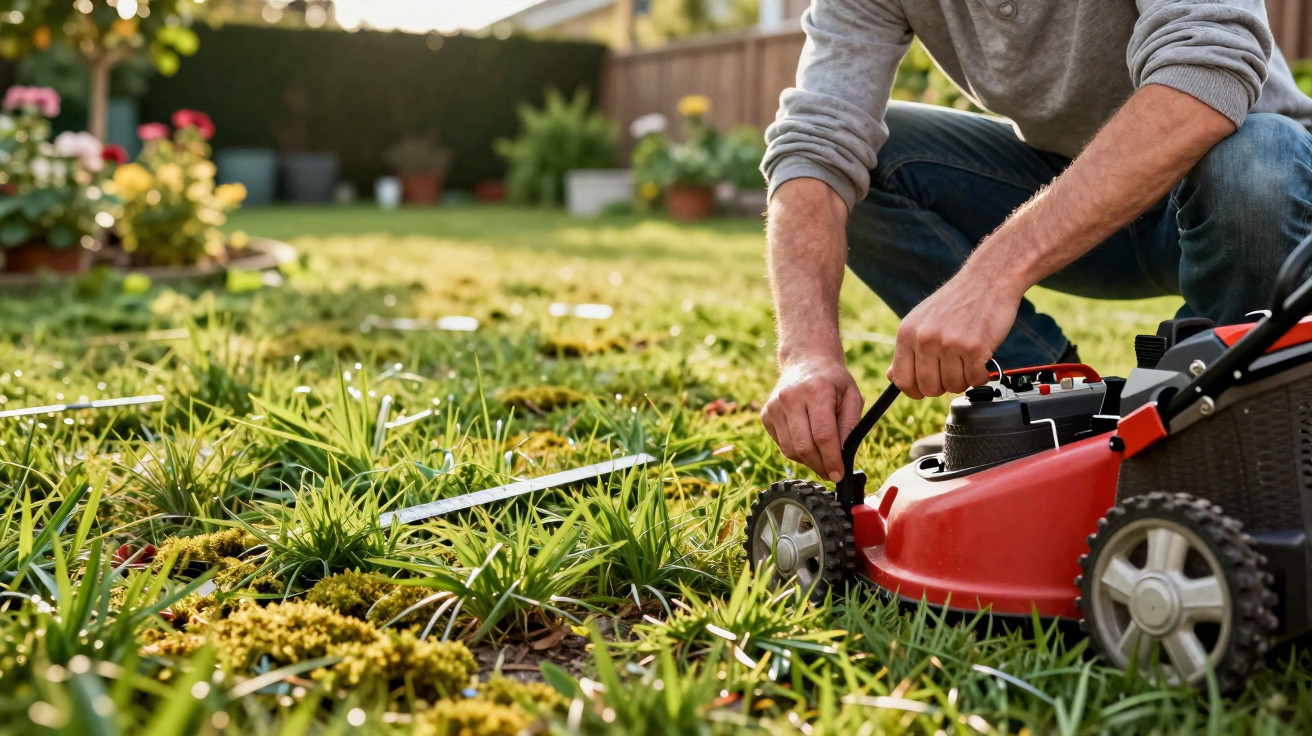 Homem a ajustar a roda de um corta-relva vermelho num jardim com relva e plantas.