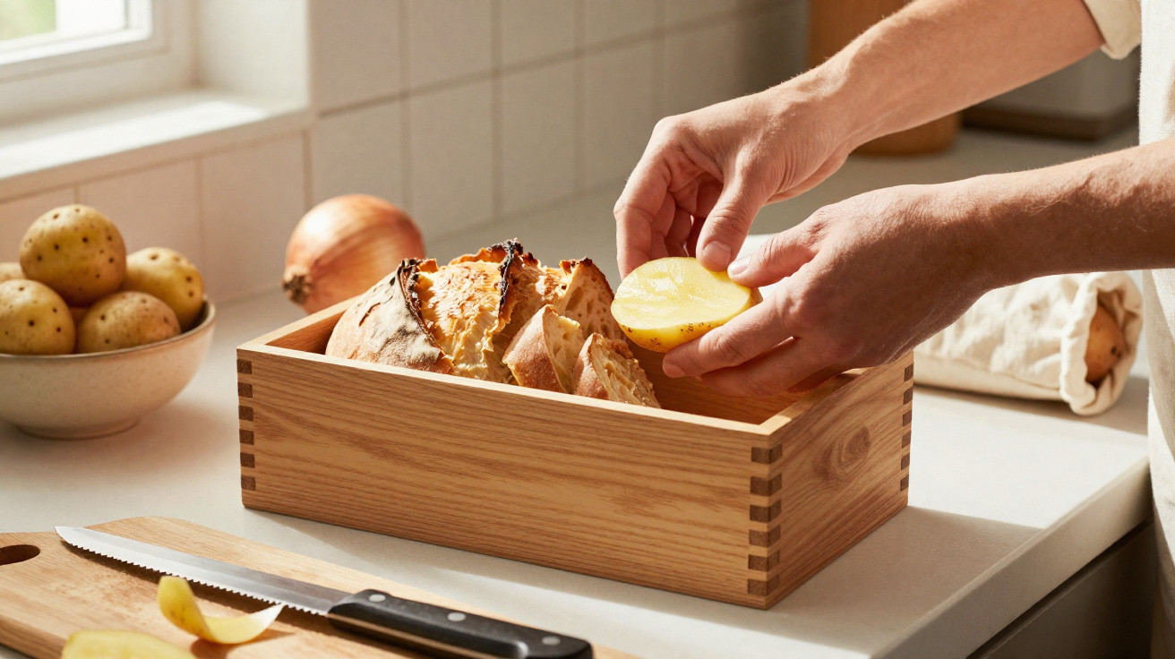 Mãos a colocar batata cortada numa caixa de madeira com pão cottage na cozinha iluminada por janela.