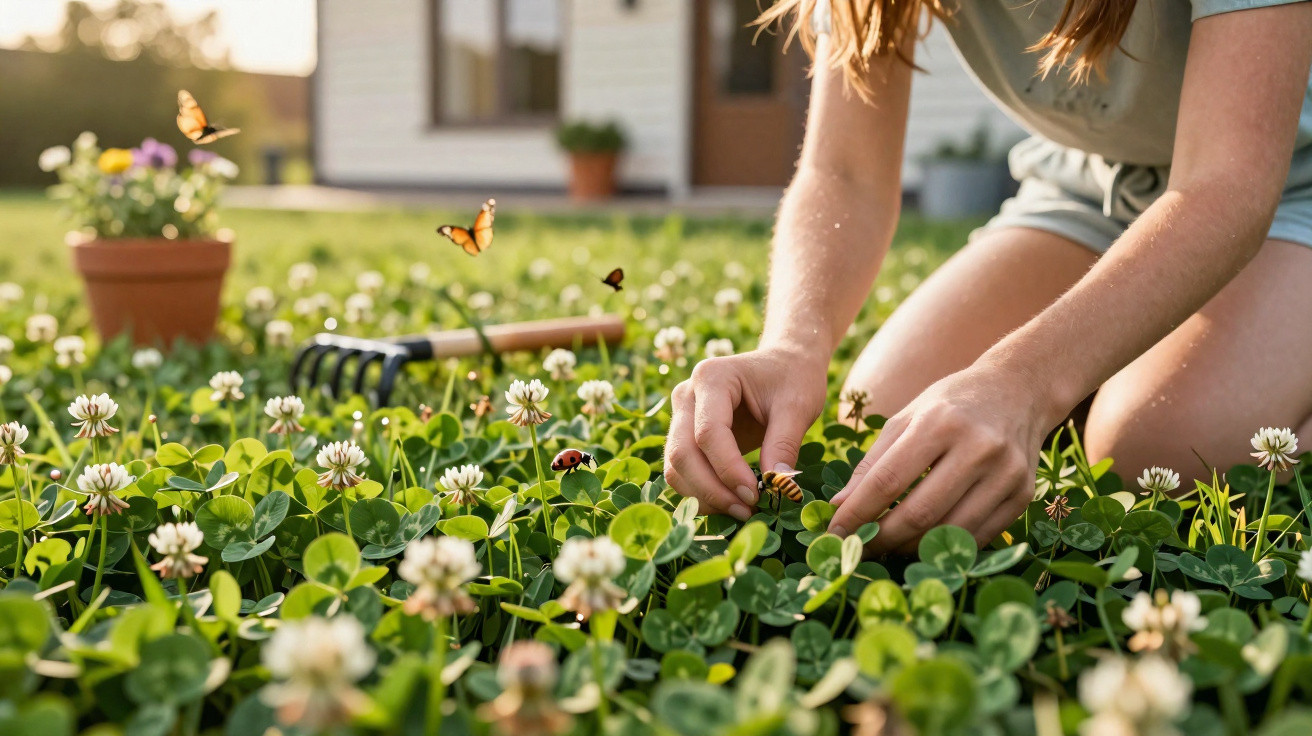 Pessoa a cuidar de plantas num jardim com flores e borboletas ao pôr do sol.