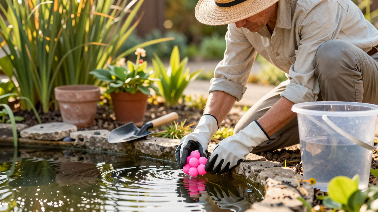 Pessoa a ajuntar ovos rosas numa lagoa de jardim com luvas e chapéu de palha.