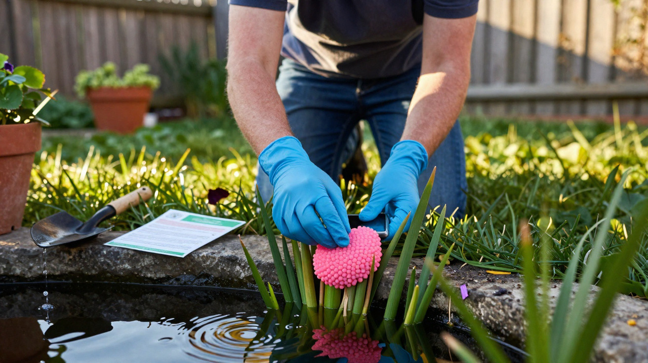Pessoa com luvas azuis a colocar um objeto cor-de-rosa em plantas aquáticas num lago de jardim.