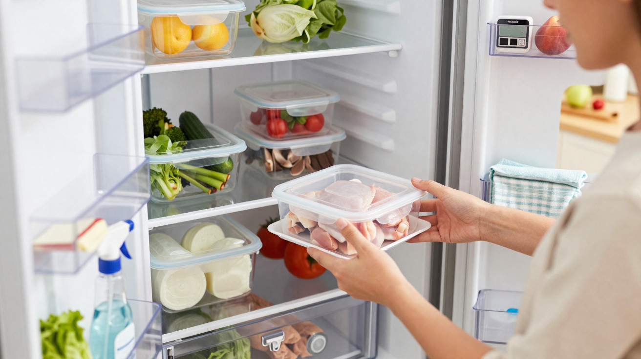 Pessoa a guardar recipiente com carne crua em frigorífico organizado com frutos, legumes e vegetais em caixas plásticas.
