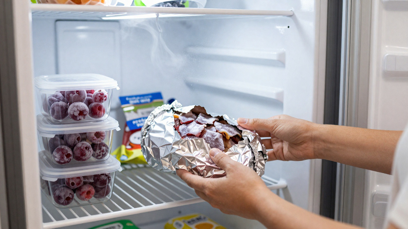 Mãos a colocar embalagem de alumínio com frutas congeladas num frigorífico com caixas transparentes de frutos vermelhos.