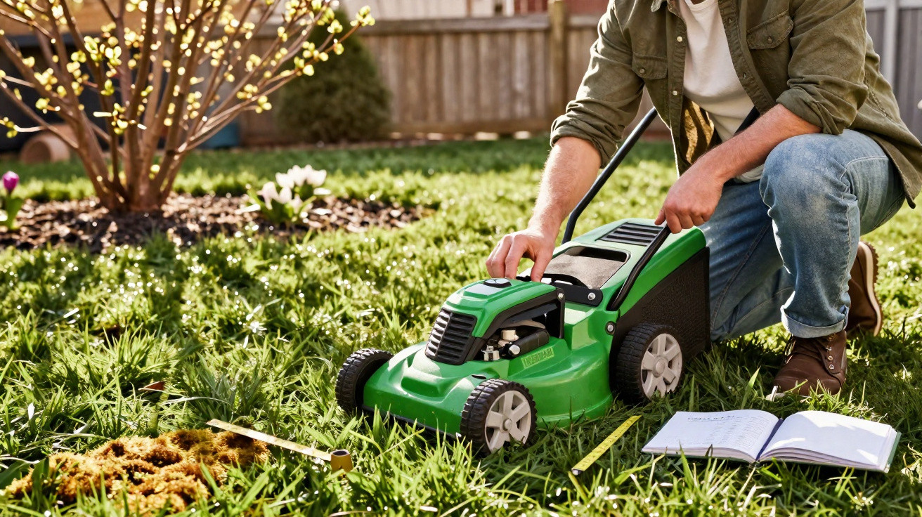 Homem a ajustar cortador de relva verde num jardim com plantas e caderno aberto no chão.