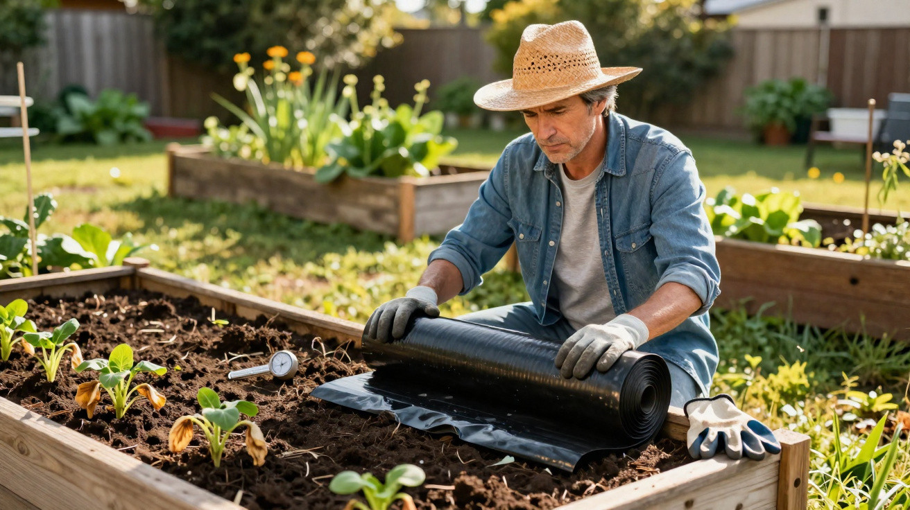 Homem com chapéu a preparar canteiro de jardim com plástico e luvas numa horta urbana.
