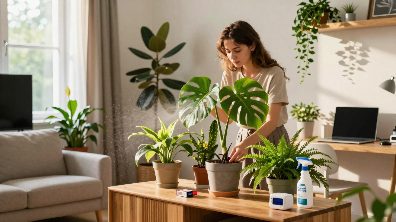 Mulher jovem a cuidar de plantas verdes numa sala iluminada com mesa de madeira e sofá cinza.