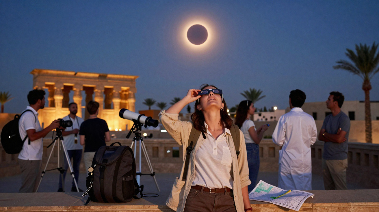 Pessoas observam eclipse solar total ao ar livre junto a câmaras e telescópios, com templo antigo ao fundo.