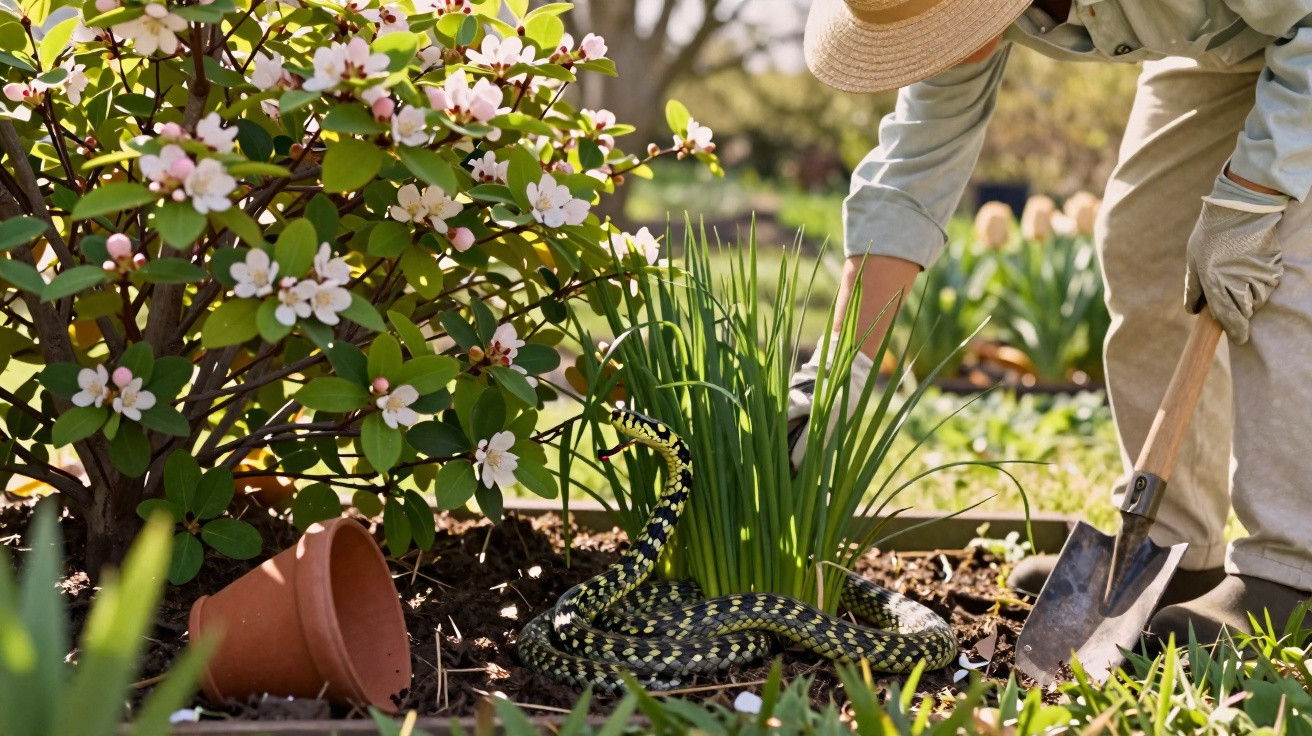 Pessoa a cuidar do jardim perto de planta florida e cobra enrolada no solo.