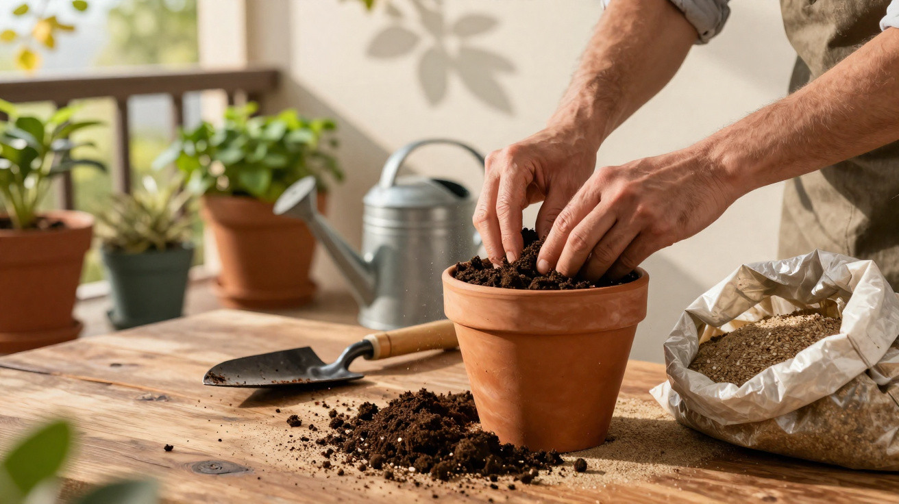 Mãos a plantar em vaso de barro com terra numa mesa de madeira, regador e saco de substrato ao lado.
