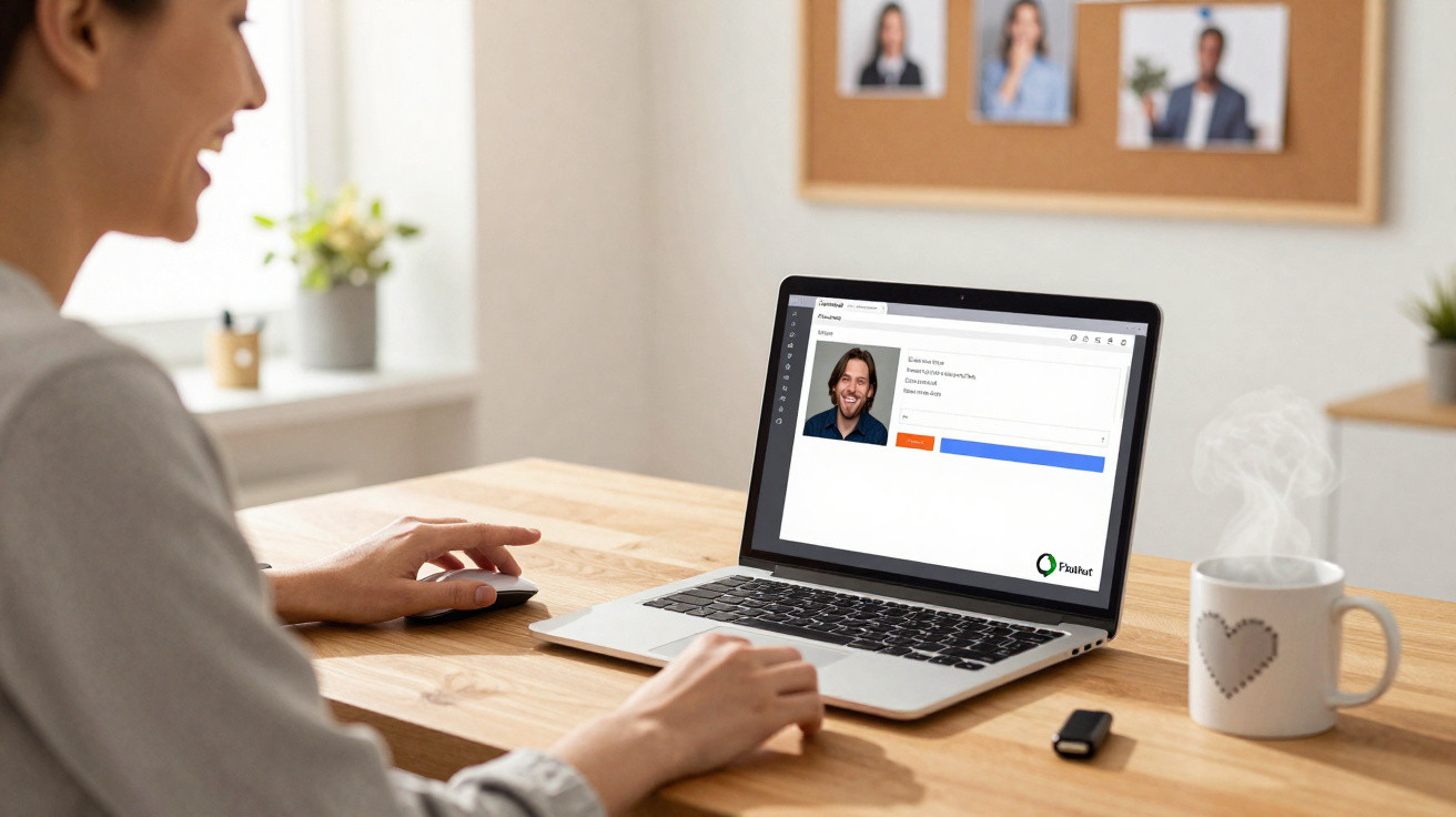Mulher a usar laptop para videoconferência num ambiente de trabalho com caneca de café quente.