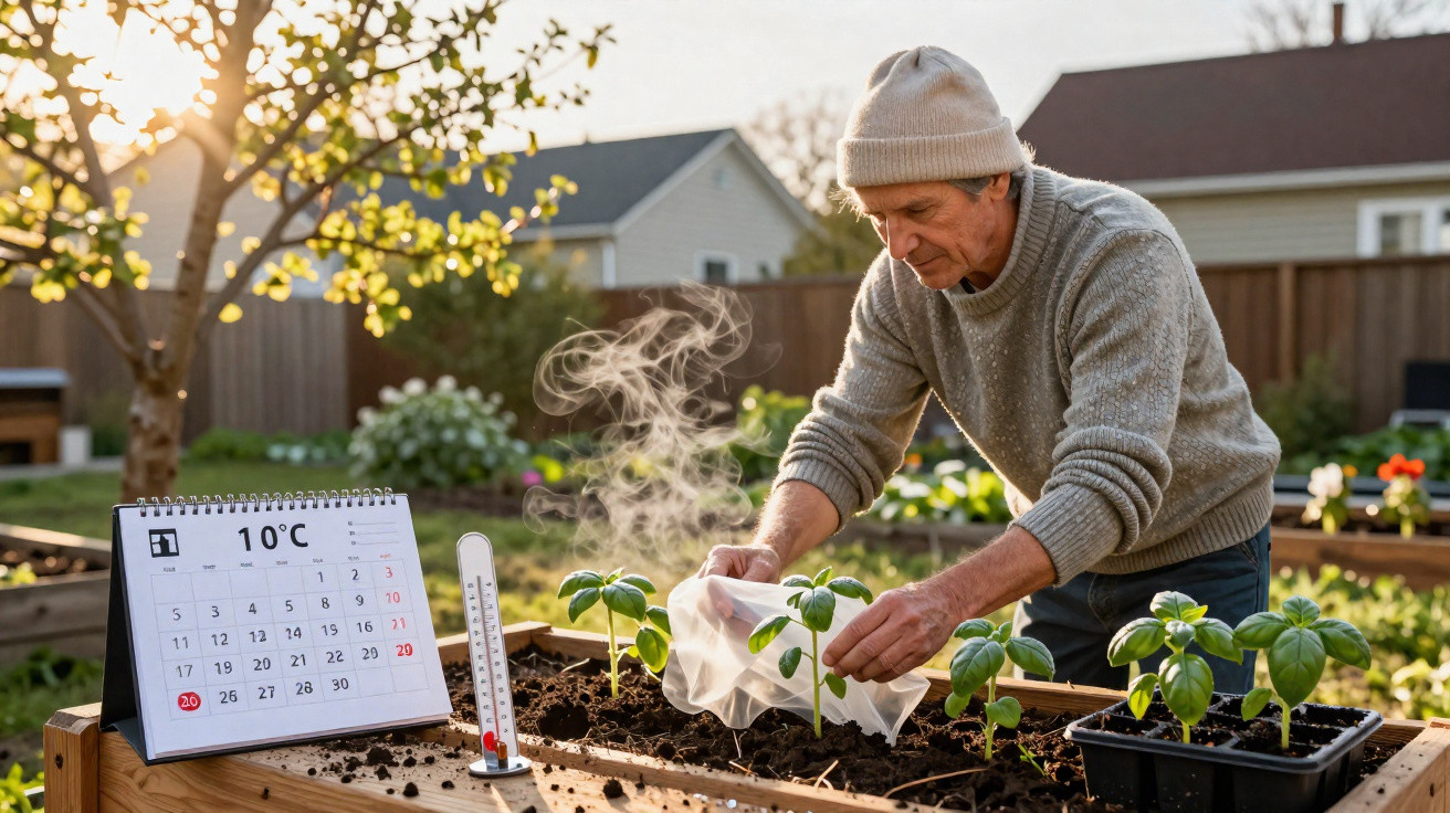 Homem a proteger plantas jovens com tecido num canteiro elevado num dia de 10ºC, jardim em segundo plano.