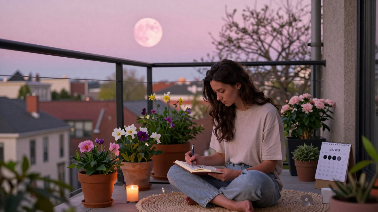 Mulher sentada na varanda à luz da lua a escrever num caderno rodeada de flores e vela acesa.