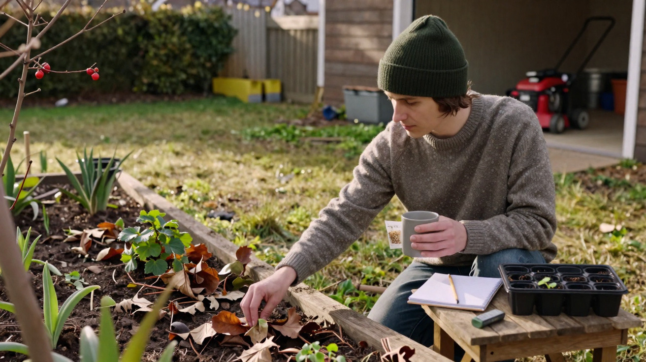 Jovem a cuidar de plantas numa horta urbana, segurando uma caneca e a remover folhas secas do solo.