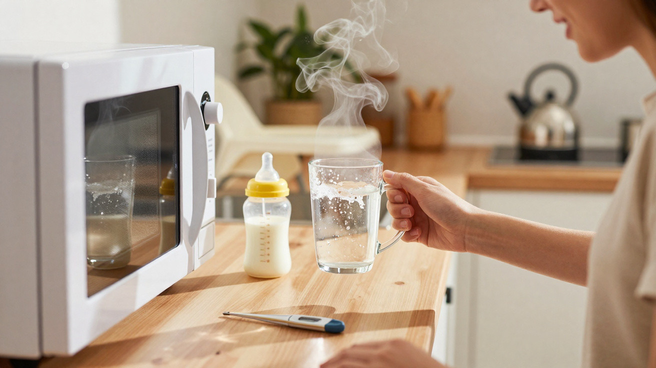 Pessoa a segurar chávena de água quente junto a micro-ondas, biberão e termómetro numa cozinha.