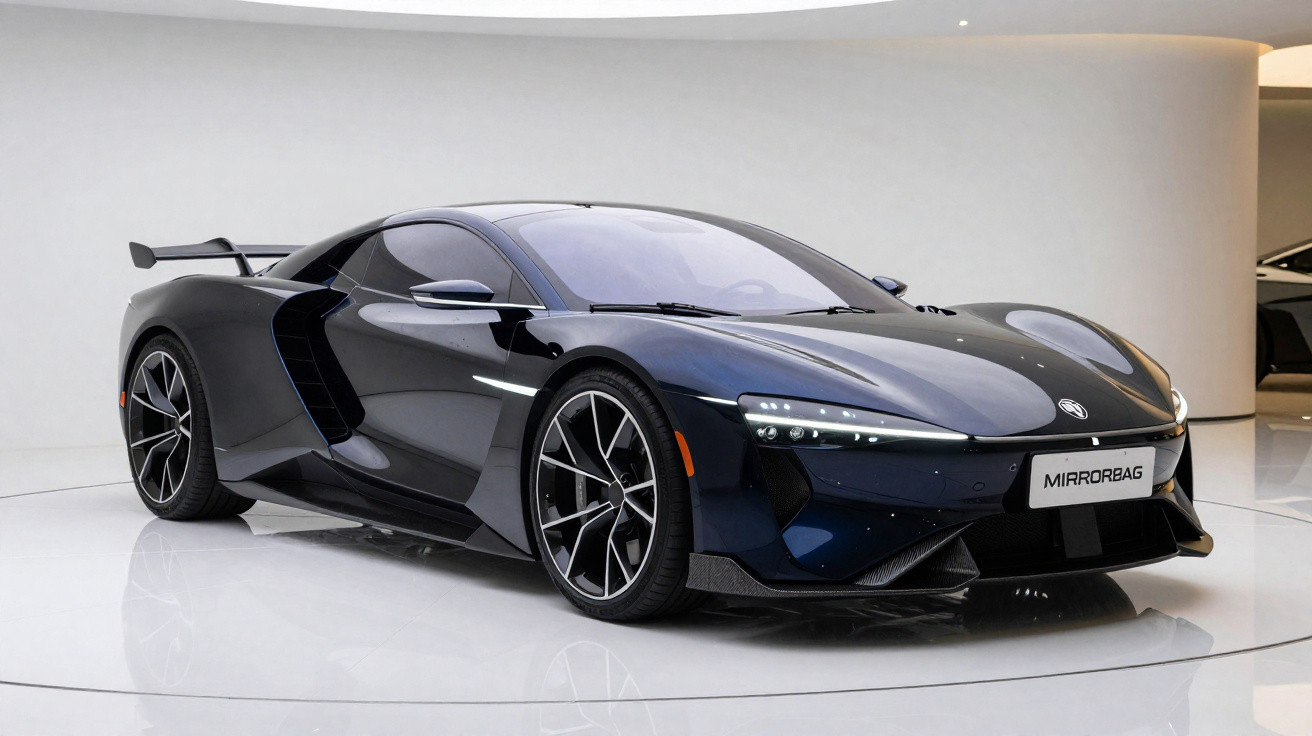 Carro desportivo elétrico preto com design aerodinâmico e faróis LED, em ambiente moderno e minimalista.