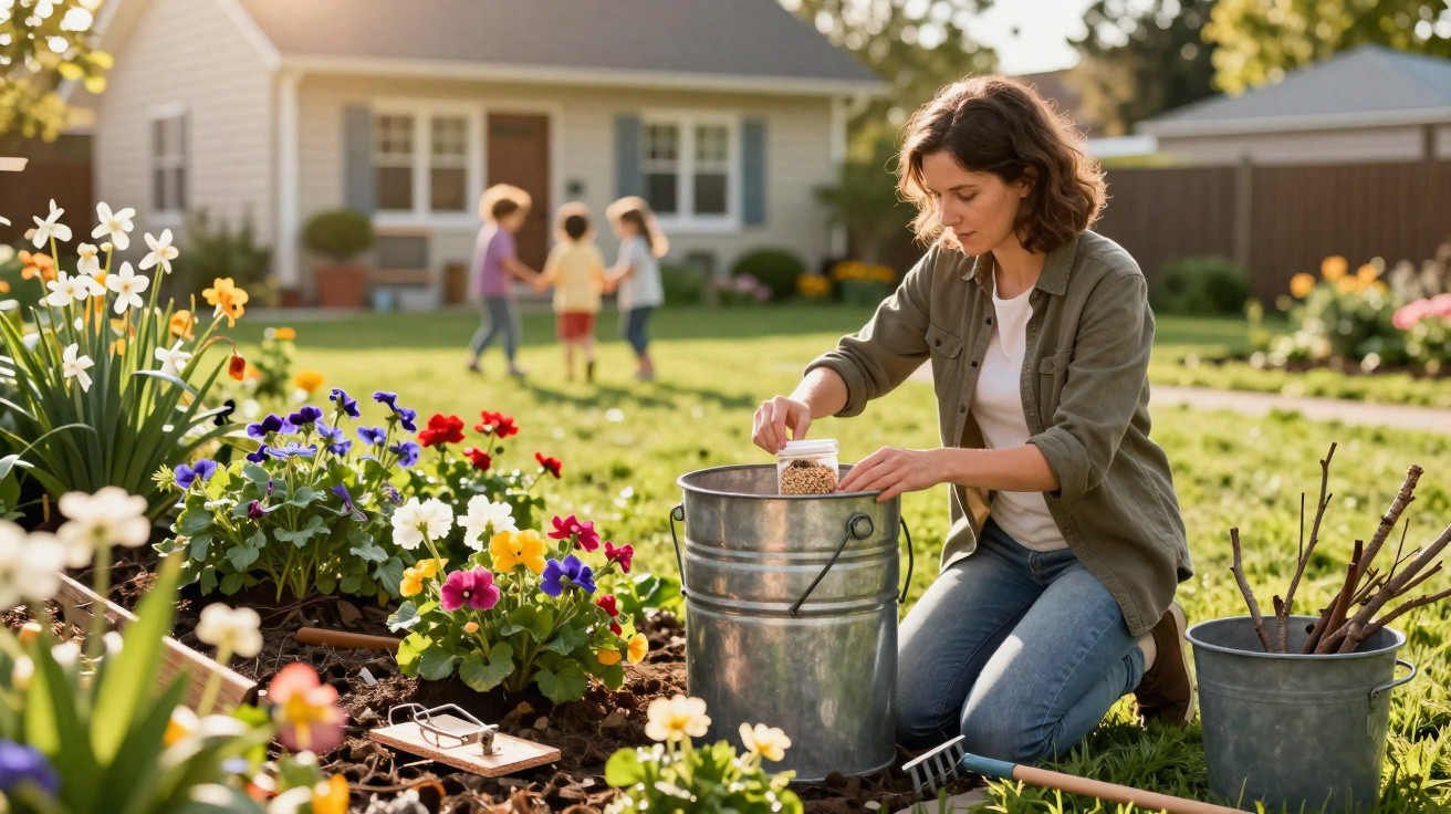 Mulher a cuidar de flores num jardim com crianças a brincar ao fundo numa casa.