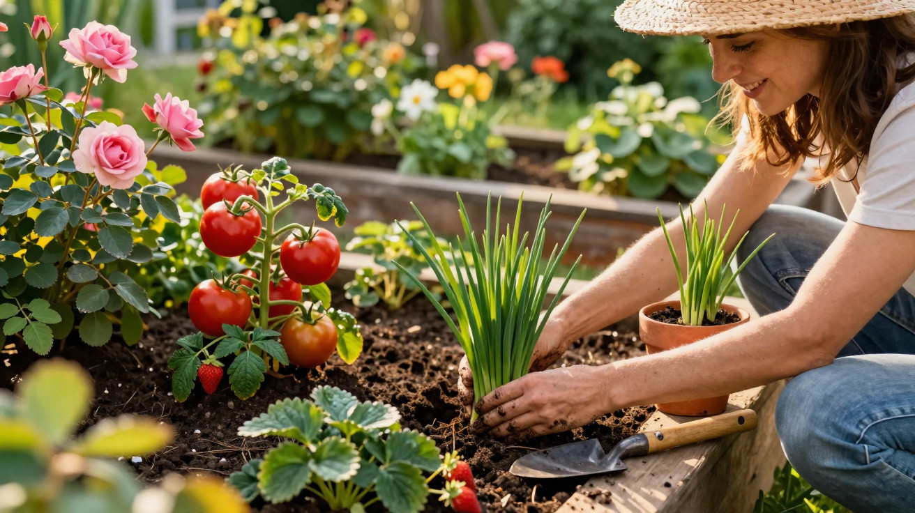 Mulher a plantar ervas aromáticas num jardim com tomateiros, morangos e rosas cor-de-rosa.