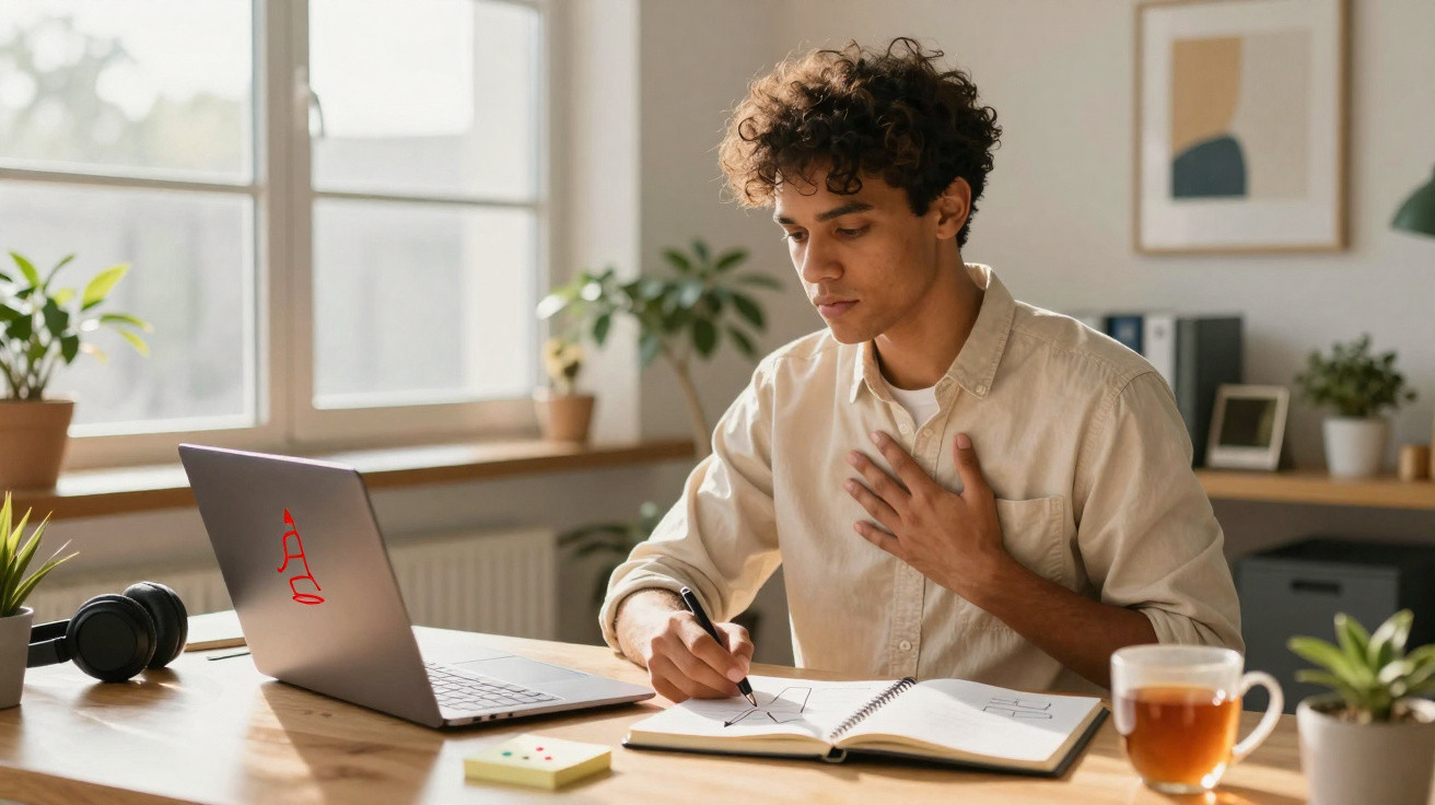 Homem jovem a desenhar em caderno, sentado numa mesa com computador portátil e chá, em ambiente luminoso.