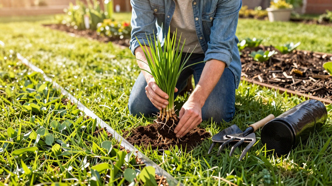 Pessoa a plantar cebolinhas num jardim com ferramentas de jardinagem ao lado.