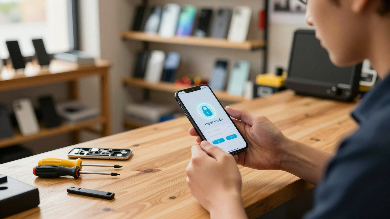 Pessoa a segurar smartphone com ecrã de "reparar módulo" numa oficina de reparação de telemóveis.
