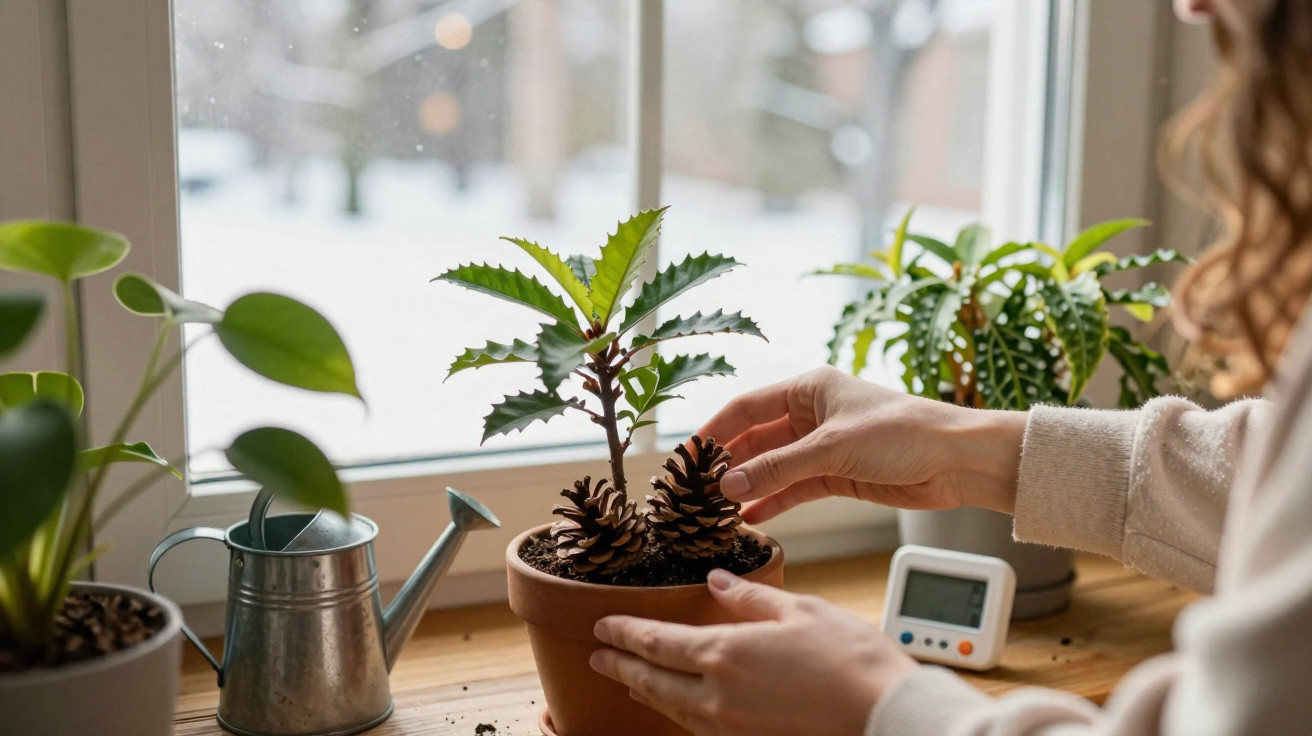 Pessoa a colocar pinhas num vaso com planta numa janela, rodeada por outras plantas e regador metálico.