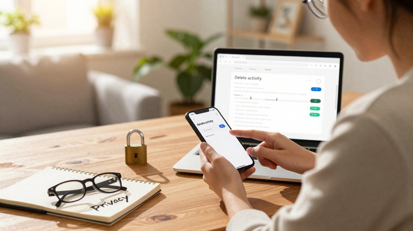 Pessoa a usar telemóvel e computador para apagar atividade online, com óculos, caderno "Privacy" e cadeado na secretária.