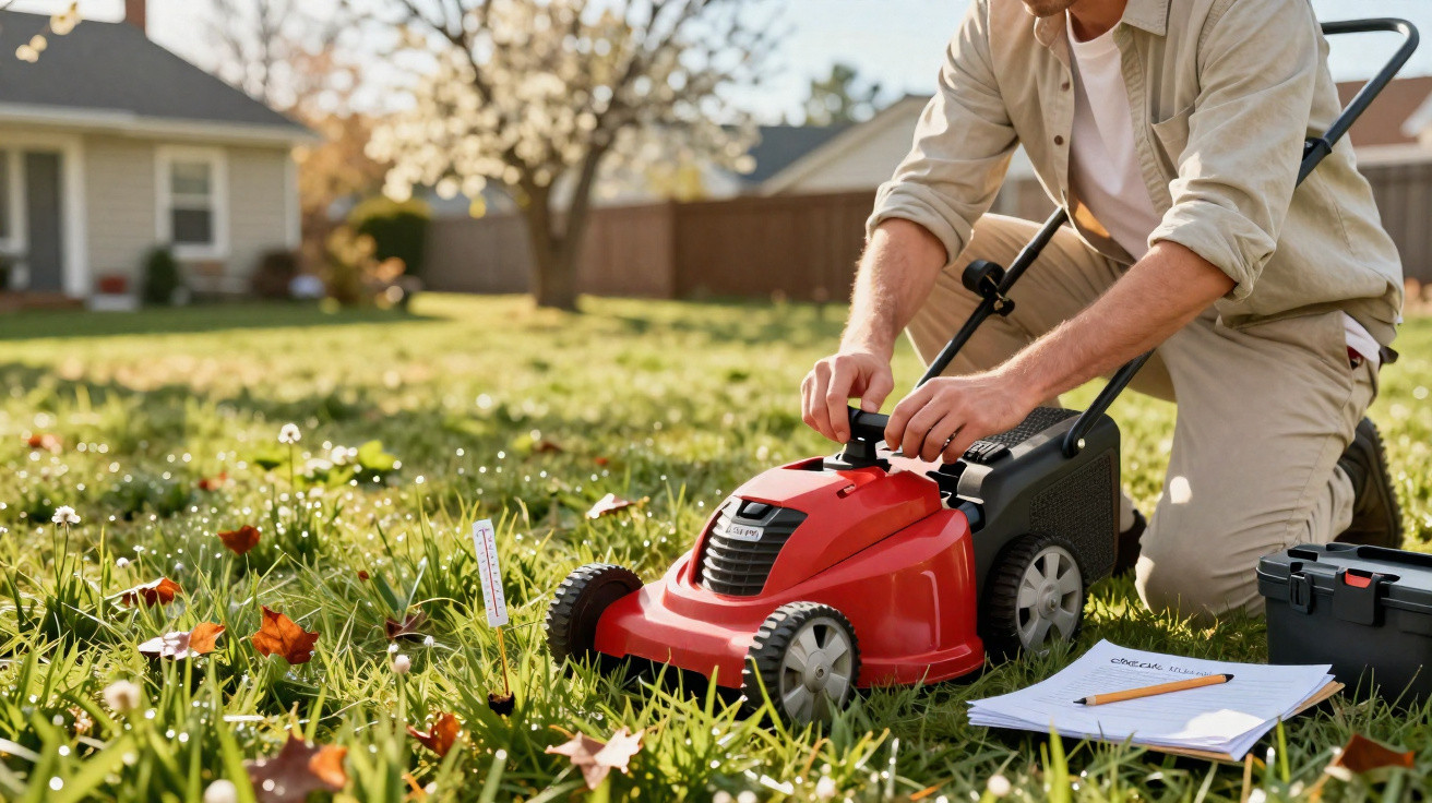 Pessoa a preparar um cortador de relva vermelho num jardim com folhas caídas.