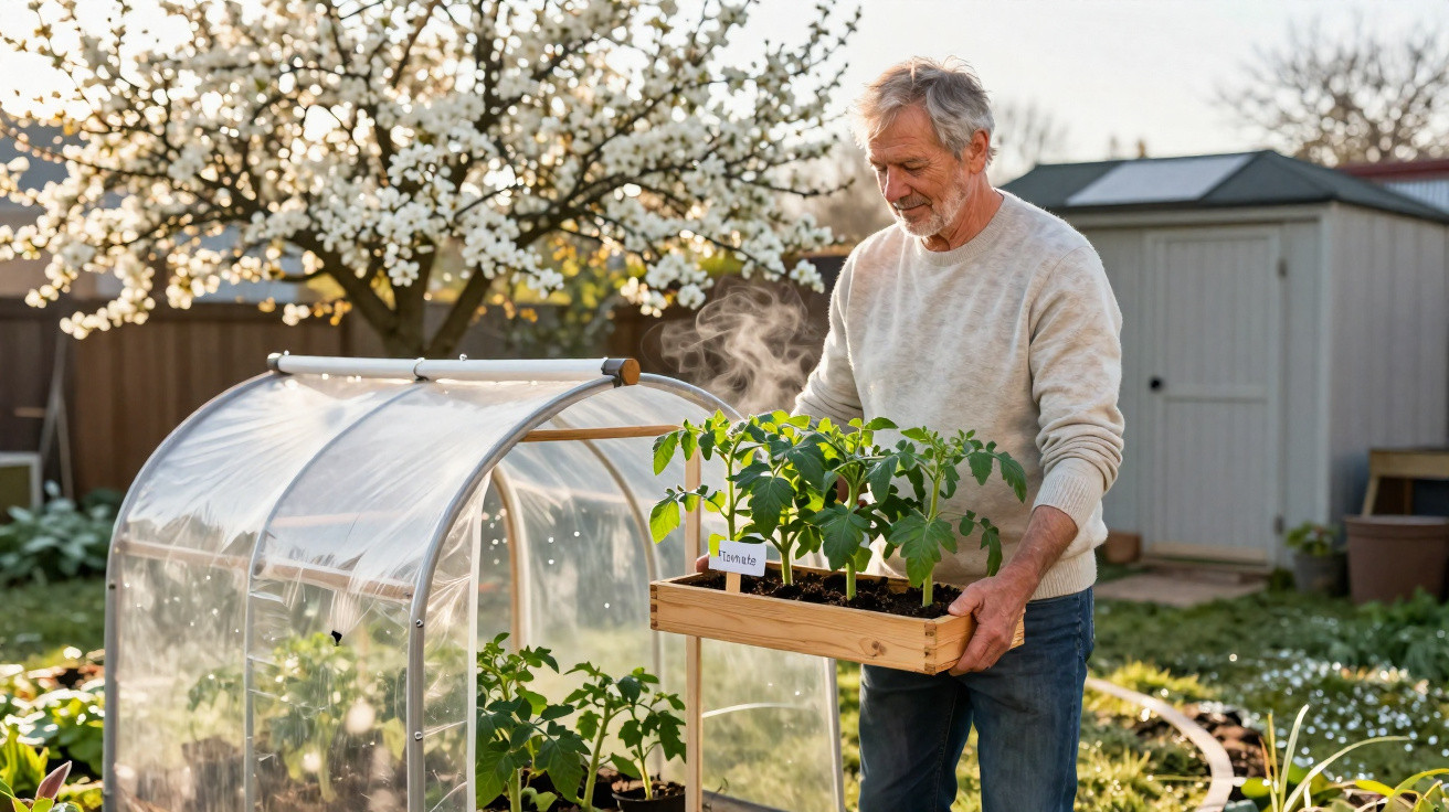 Homem idoso cuida de plantas de tomate num jardim com estufa e árvores floridas ao fundo.